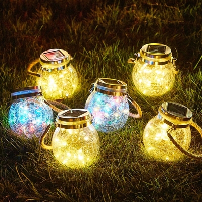 Crackle LED luci solari Patio vetro lampade appese Auguri Natale Mason Jar luci